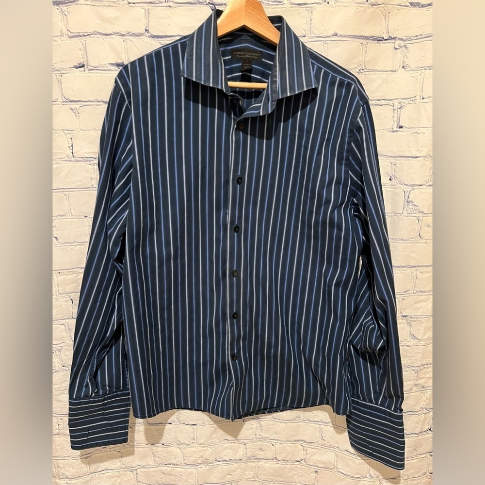 Express mens button up shirt long sleeve Black Blue Size Large 16-16.5